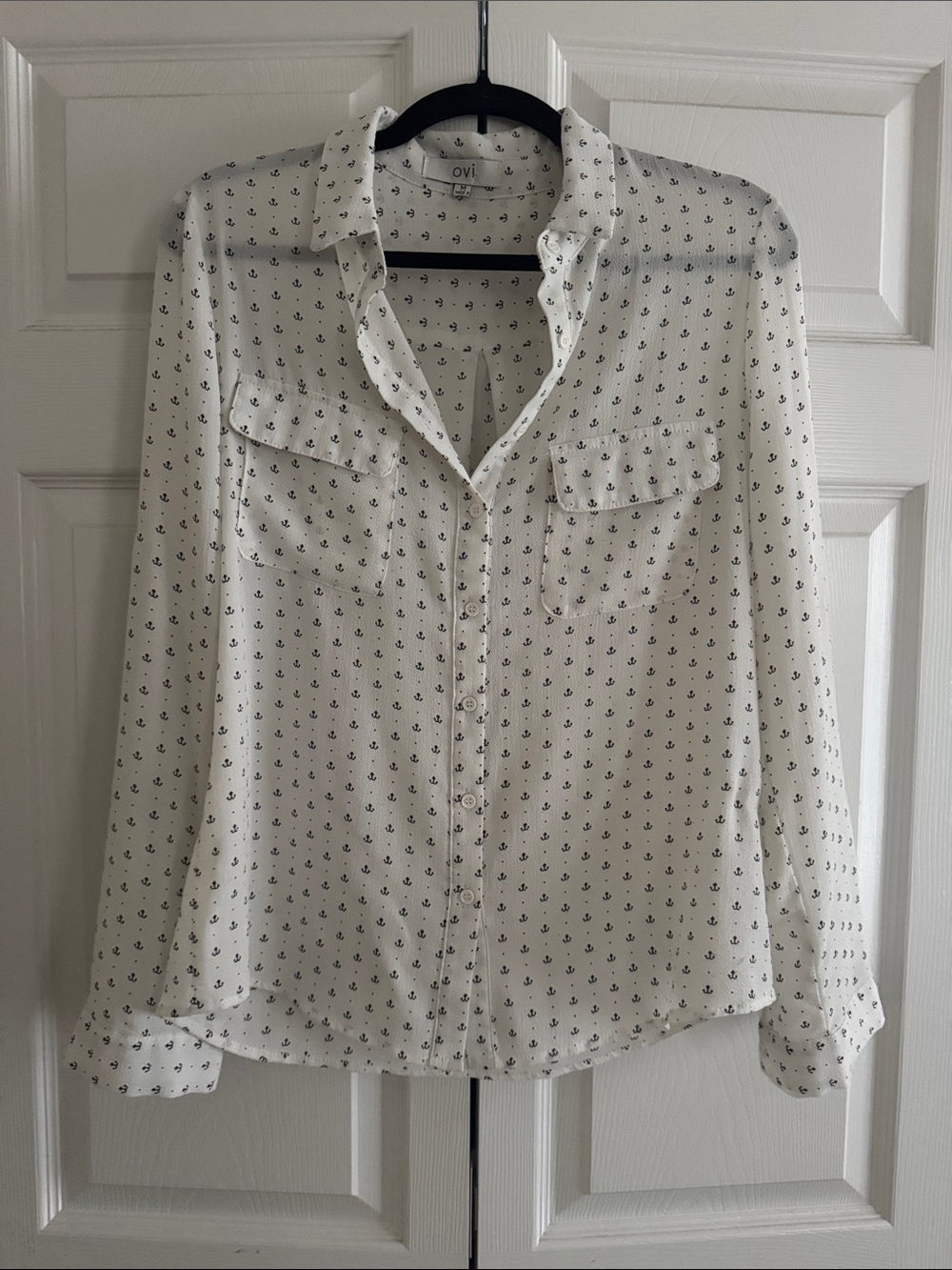Ovi White Button-Down Shirt with Navy Anchor Print